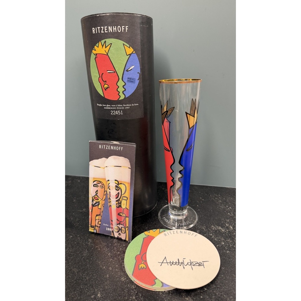 Ritzenhoff Ambrogio Pozzi 1997 Beer Glass Gold Rim 22451 Germany Box Coasters